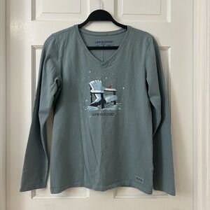 Life is Good Crusher Long Sleeve Shirt Tee Top Sz S Snow Cardinal Blue Christmas